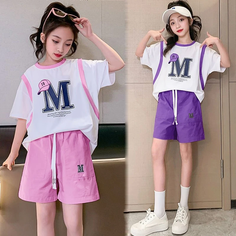 女童夏装套装2025新款中大童夏季短袖洋气休闲运动短裤两件套