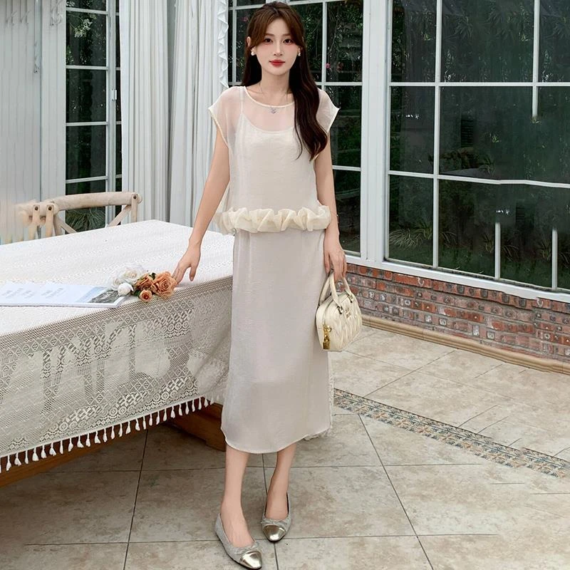 时尚飘逸套装女今年夏季新款显瘦洋气减龄气质罩衫半身裙两件套潮