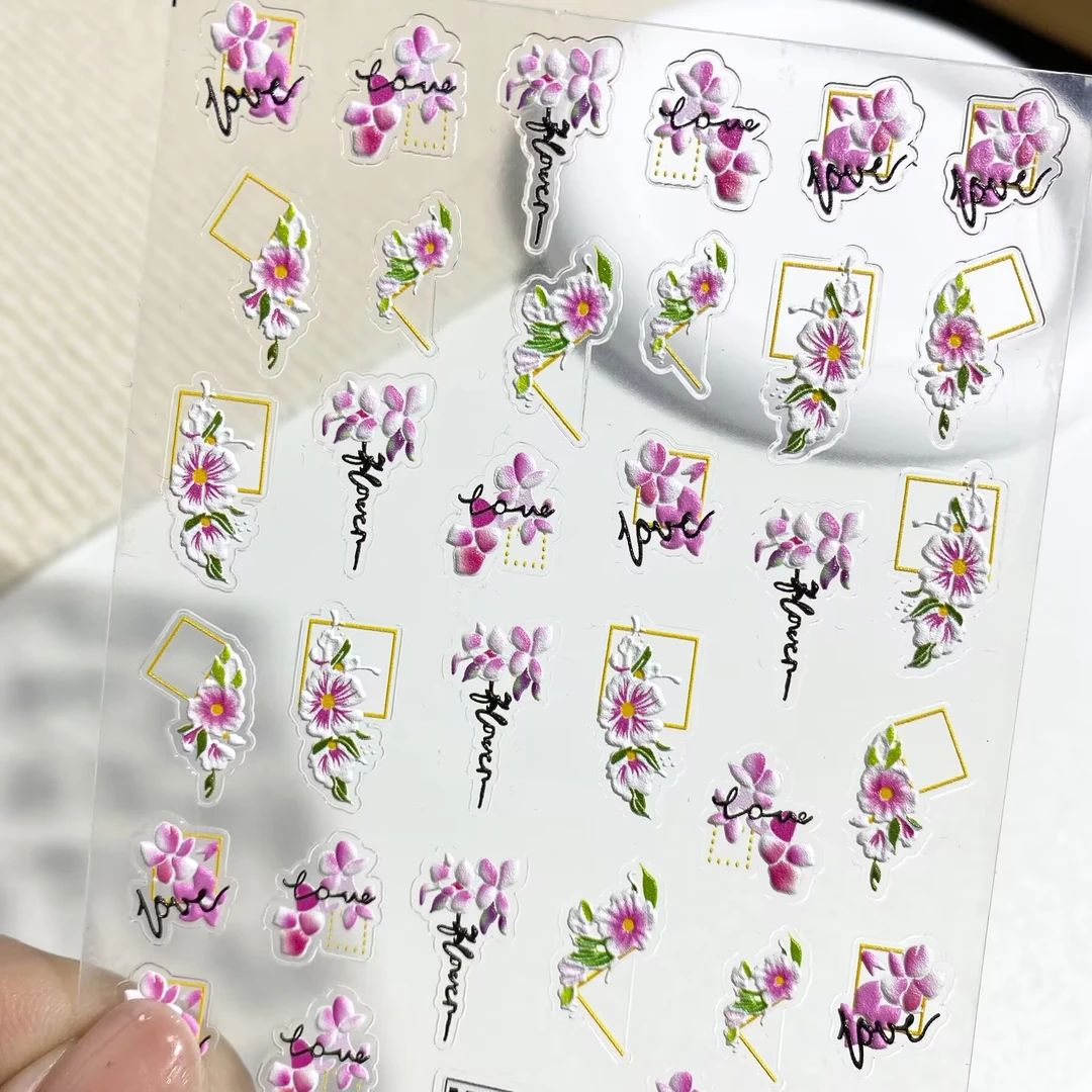 复古国风粉色玉兰花牡丹花立体浮雕美甲贴纸防水背胶指甲装饰贴花