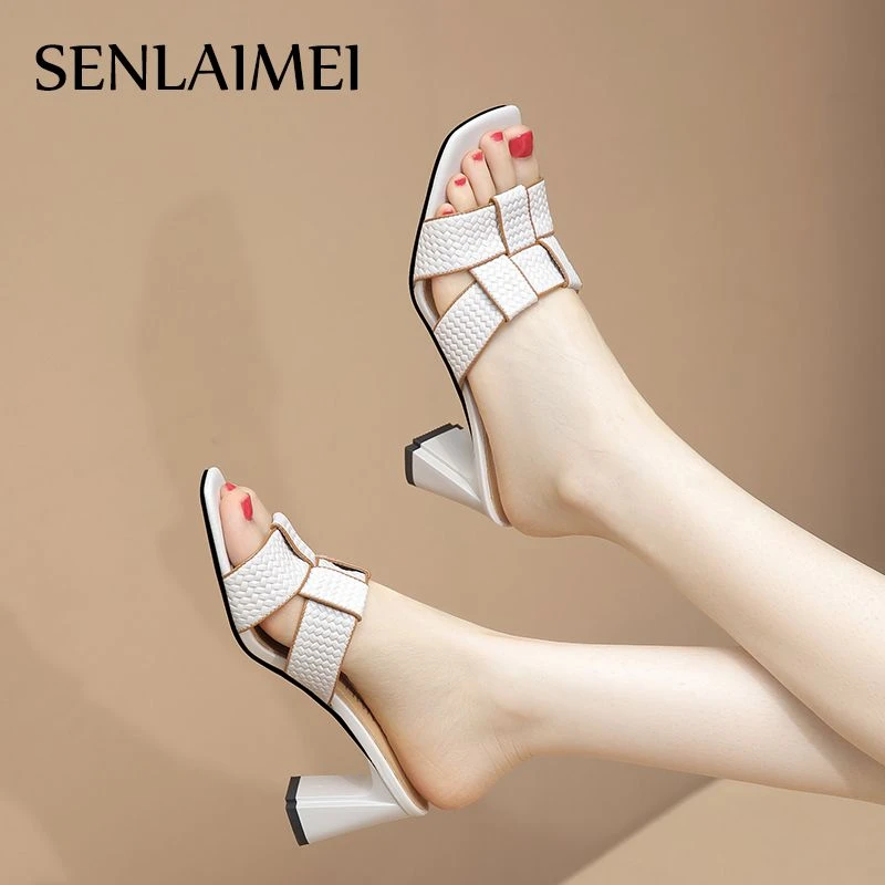 粗跟鱼嘴拖鞋/羊皮/34-40/8012方头高跟拼色凉拖时尚女士真皮皮拖