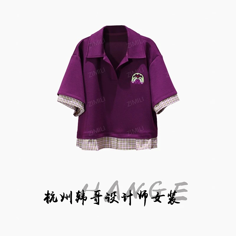 【韩哥女装】欧货小众设计牵牛紫绣拼接衬衫休闲翻领短袖9518