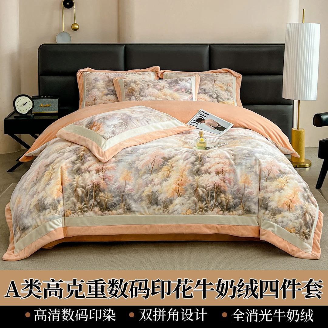 新款冬季加厚A类母婴级印花牛奶绒四件套轻奢亲肤双面绒加绒被套c