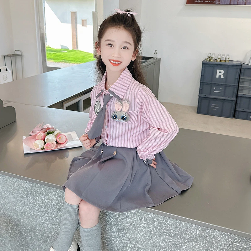 女童衬衫百褶裙套装春秋儿童薄款卡通兔子学院风两件套25网红宝宝