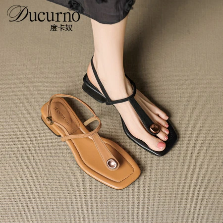 DUCURNO复古风时尚方头夹趾凉鞋女一字带百搭粗跟真皮露趾罗马鞋