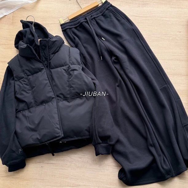 韩系氛围运动休闲马甲显瘦连帽卫衣裤时尚套装