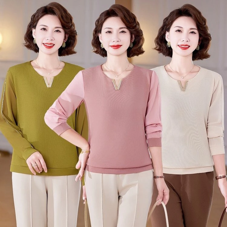 春秋长袖T恤妈妈装洋气针织衫中老年减龄气质百搭上衣