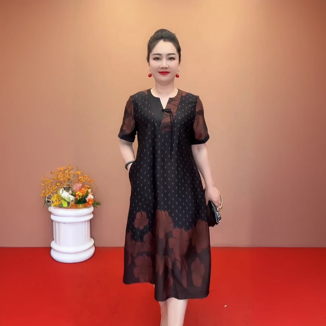 604短袖v领阔太太高端夏季中年妈妈装气质宽松显瘦时尚气质连衣裙