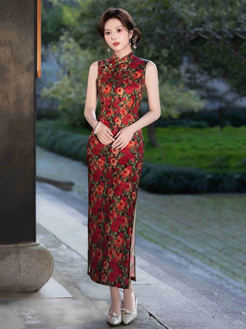 日常新中式印花夏季旗袍春夏优雅民族风无袖走秀大码显瘦时尚气质