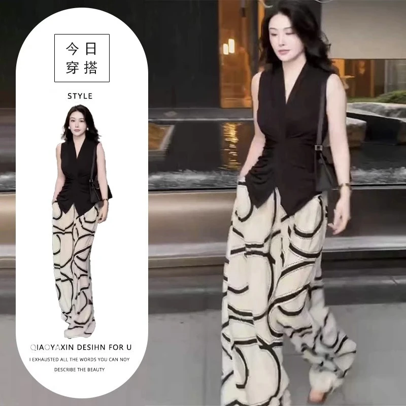 高级感气质女装2025年夏季V领砍袖交叉上衣条纹阔腿裤套装潮
