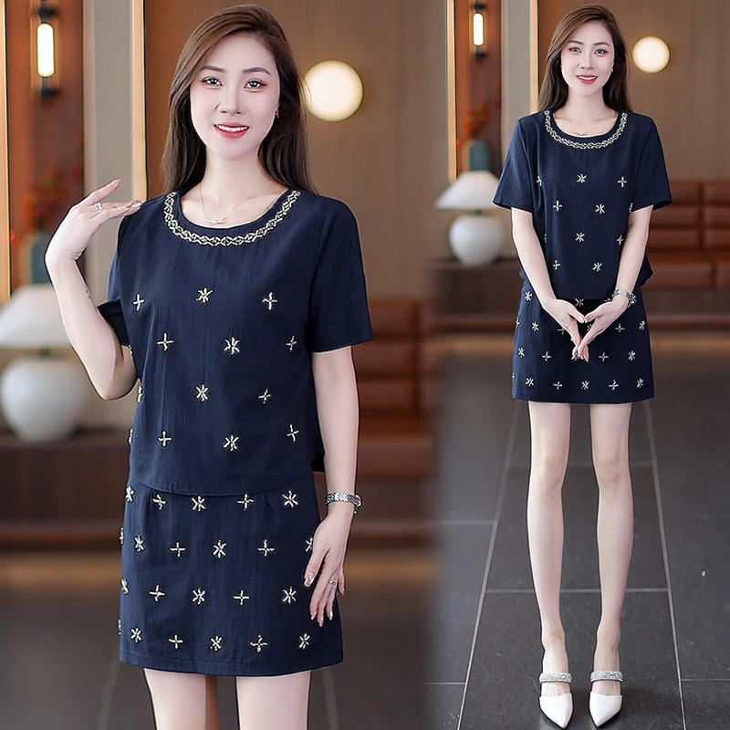 时尚半身裙套装女2025夏季新款小香风圆领短袖上衣时尚两件套2580