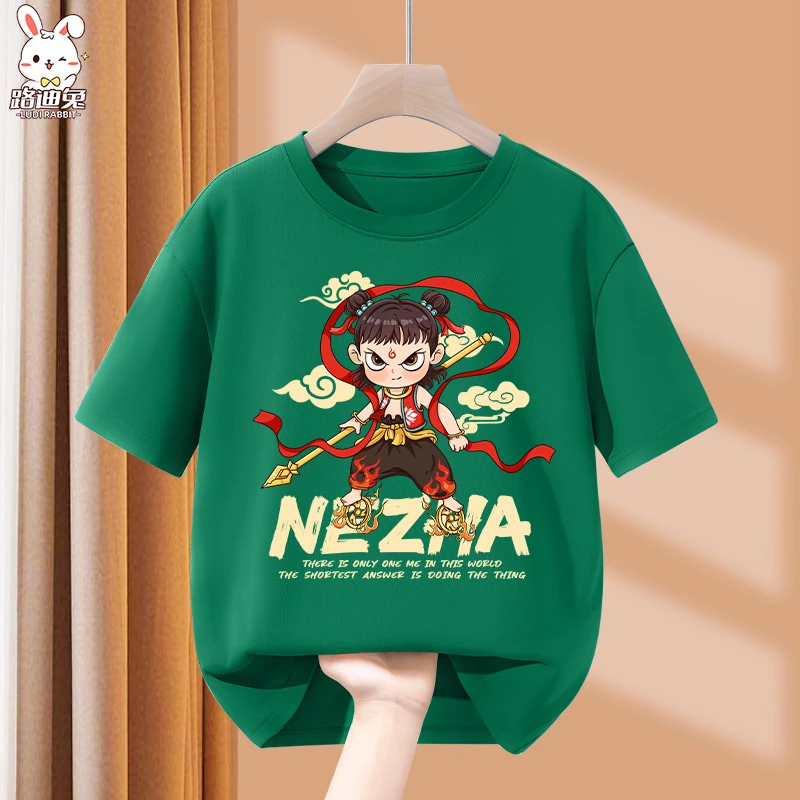 小哪吒图案儿童短袖t恤男孩100%纯棉半袖服装版女孩夏季网红衣服T