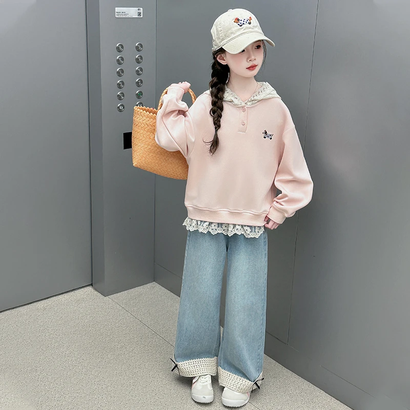女童春秋卫衣套装2025新款洋气春季花边拼接上衣儿童牛仔裤两件套
