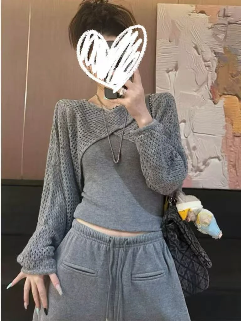 大码女装修身型薄款长袖针织拼接毛针织衫时尚抽绳甜辣千金风套装