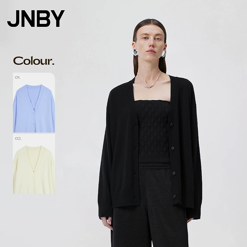 JNBY/江南布衣春季女装毛针织中长款开襟羊绒衫V领纯色5O1314360