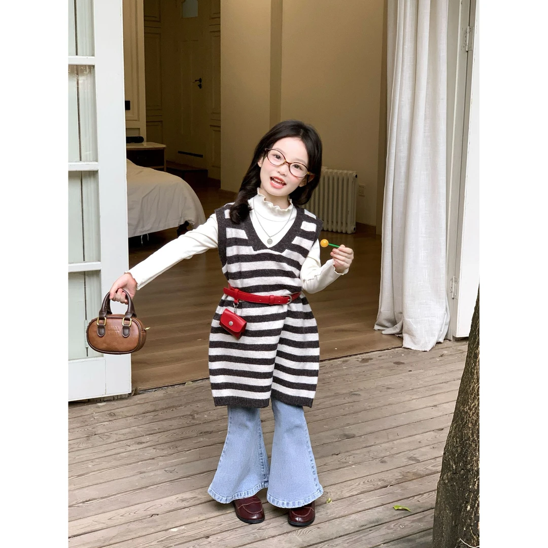Bmy2025at 女童秋季新款韩版条纹针织背心裙打底衫喇叭裤套装