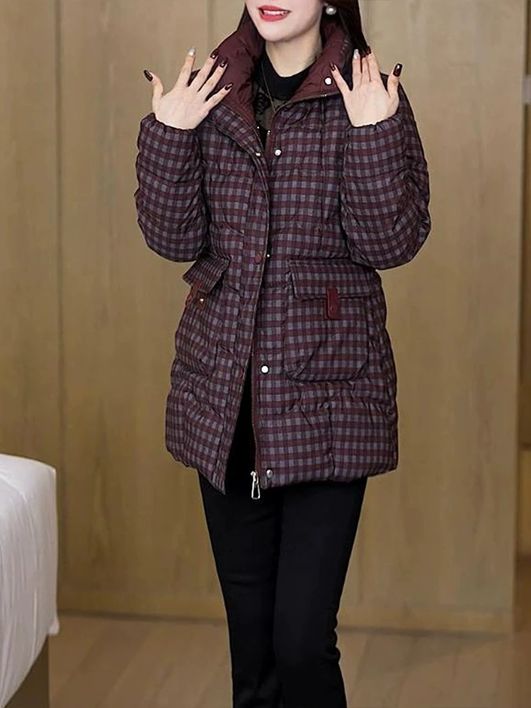 加绒加厚中长款格子棉服冬季中老年棉衣复古风I修身保暖棉袄外套