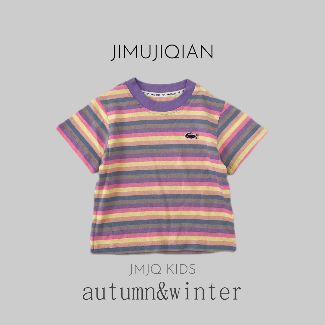JMJQ夏季中小童韩版亲肤休闲时尚色织彩条绣标短袖体恤25203