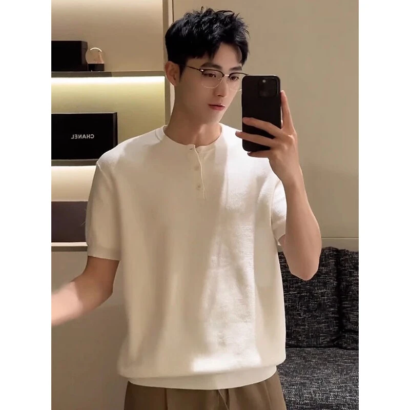 白色亨利领针织短袖男士Polo衫成熟稳重男装高级感t恤内搭打底衫