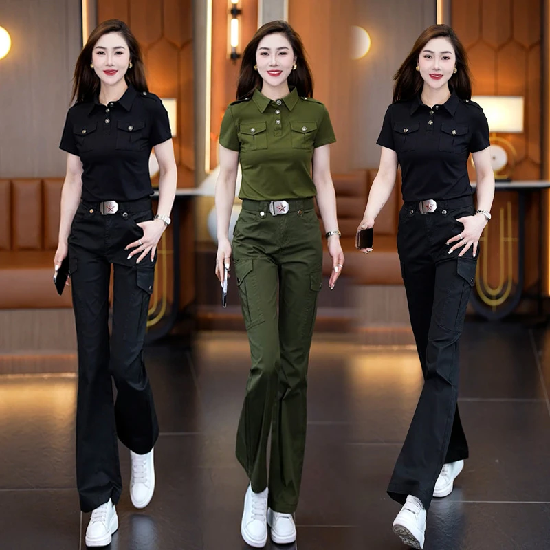 微喇叭裤套装春夏装新款短袖长裤高腰修身工装T恤迷彩服POLO衫女