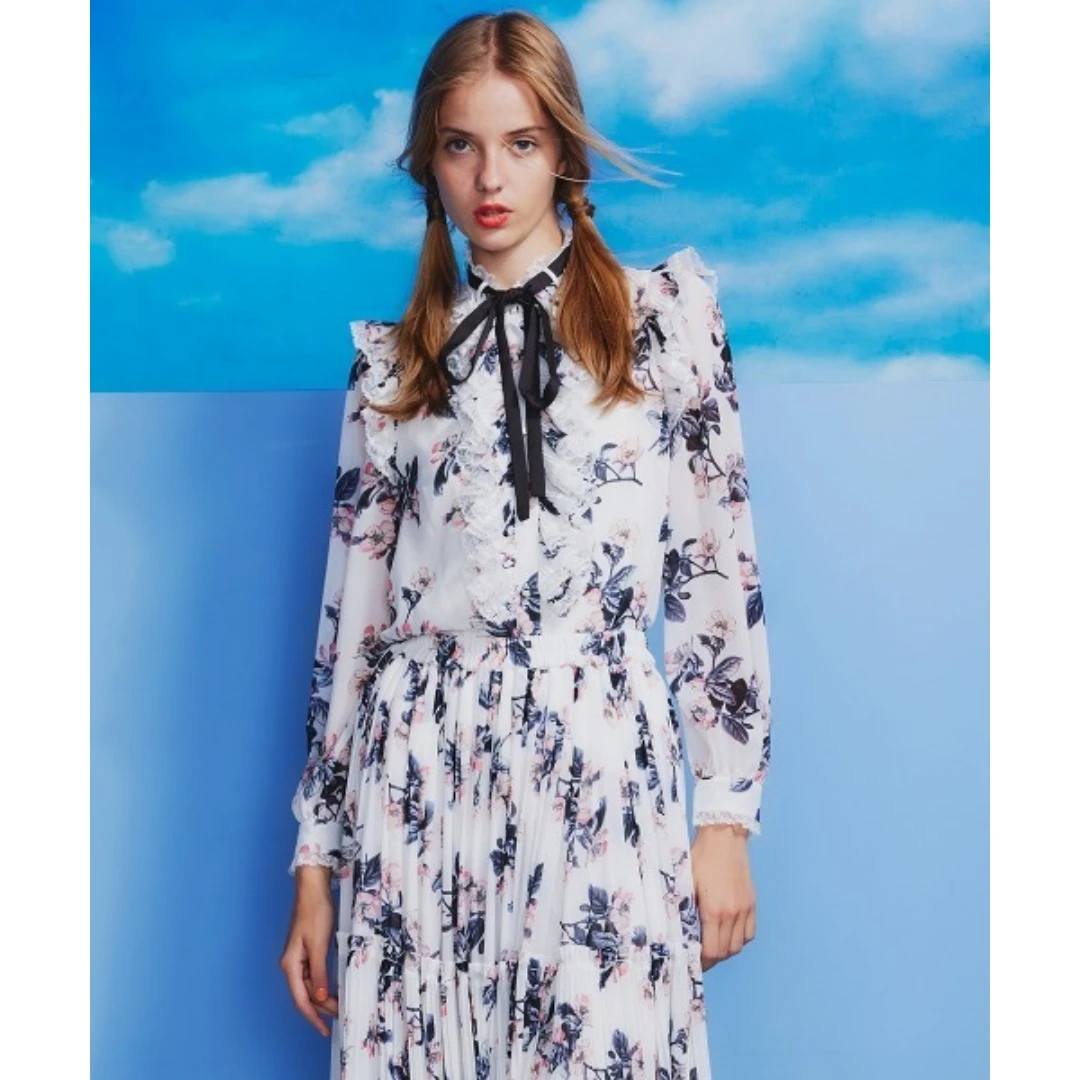 【DD外贸】 秋季新款 D 重磅轻奢风雪纺蕾丝荷叶边衬衫女