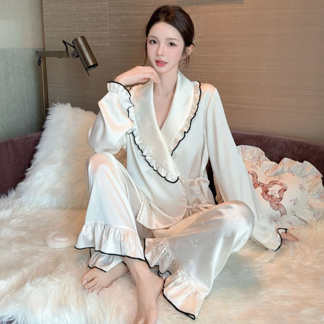 春夏新款冰丝睡衣女高级感法式简约提花慵懒风长袖长裤家居服套装