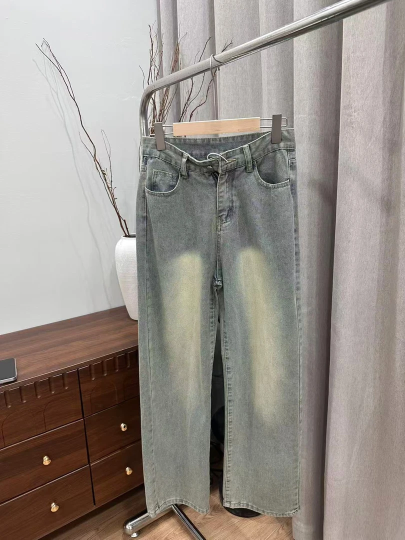 A05秋季新款高腰牛仔裤女宽松直筒显瘦阔腿爆款设计款长裤子
