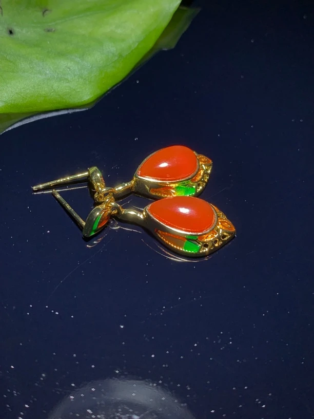 南红保山 镶嵌耳坠【心形】柿子红佩戴保养天然满肉红润饱满