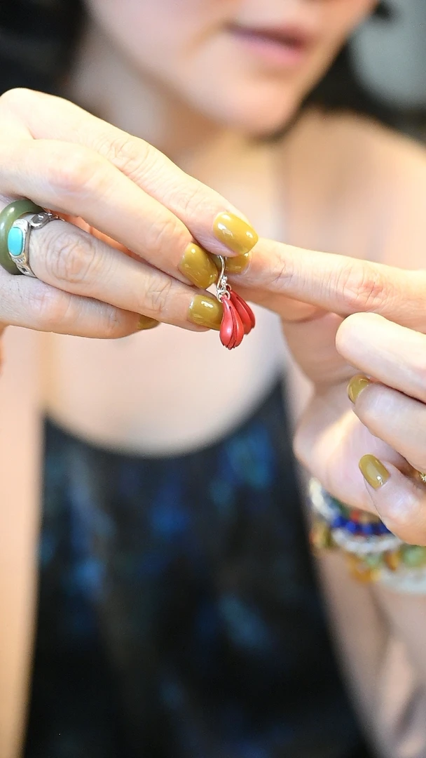 925银珐琅耳饰 茶-红色朱朱玉兰花耳挂