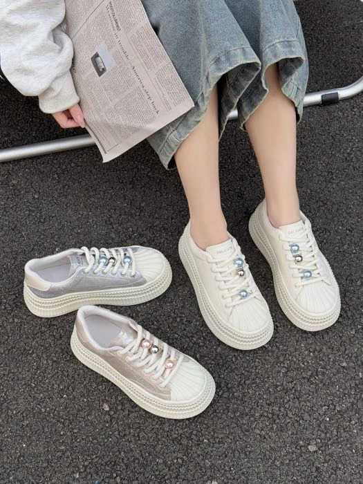 2025春新款韩版贝壳鞋厚底系带增高学院女鞋