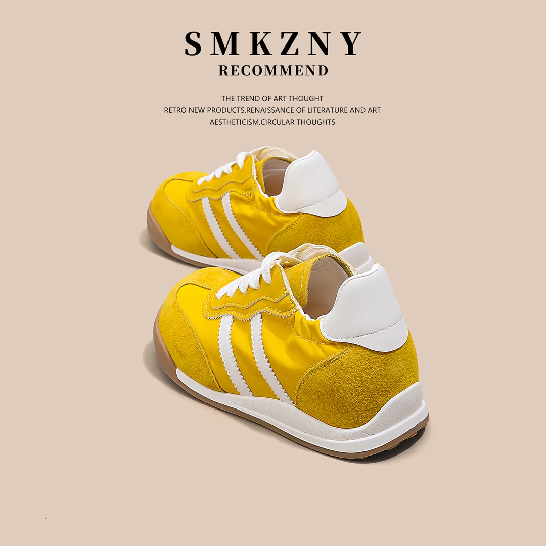 黄色内增高德训鞋女2025新款夏季板鞋百搭真皮薄款运动休闲阿甘鞋