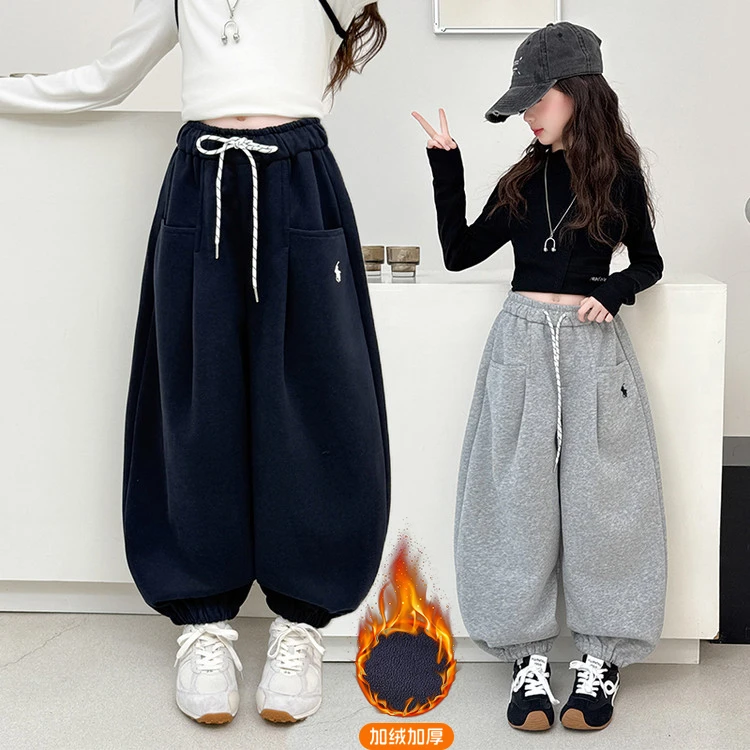 女童加绒运动裤秋冬款女大童加厚卫裤洋气灯笼裤哈伦裤初中生裤子
