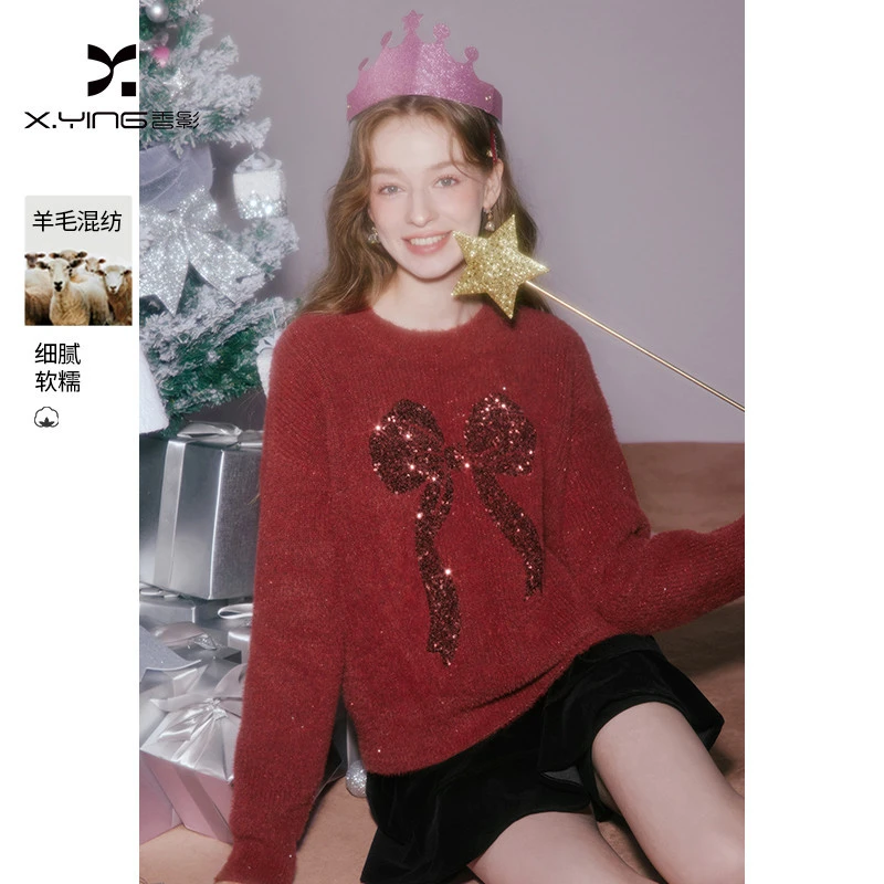 M76C026毛针织衫 香影红色蝴蝶结圣诞毛衣女春装新款摩登璀璨亮片