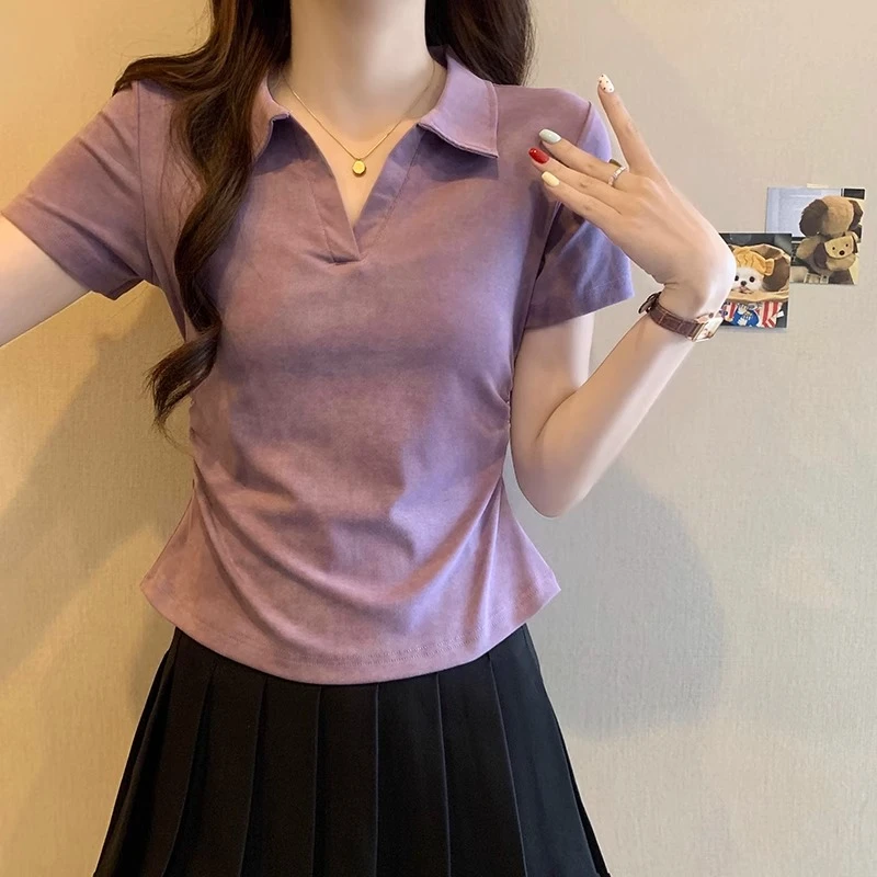紫色polo领扎染正肩短袖t恤女2025新款夏季甜辣修身显瘦短款上衣