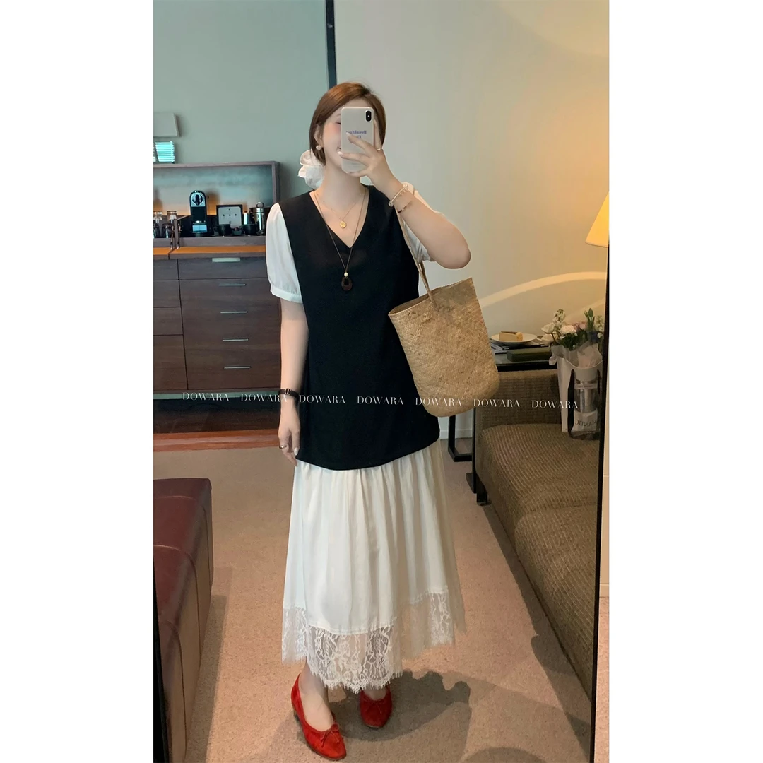 大婉酱微胖定制【雅典娜】温柔蕾丝假两件连衣裙显瘦高级长裙 9224D