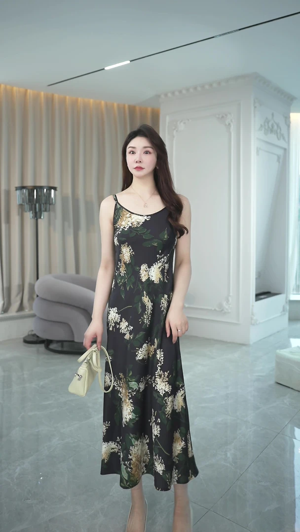 DYT HOME春夏时尚气质显瘦长裙复古裙子碎花中长款法式印花吊带裙