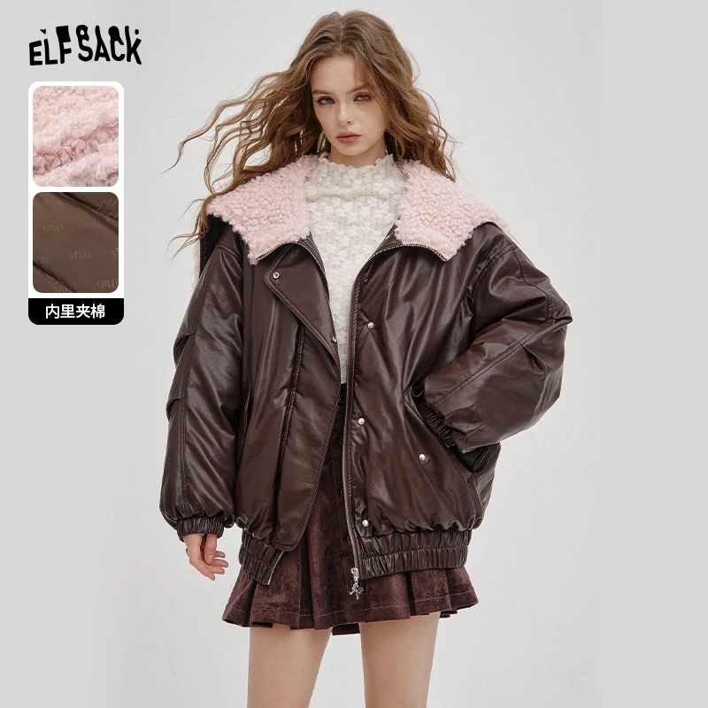 【云c专属】妖精的口袋粉色大毛领拼接PU皮棉衣女2025年冬季