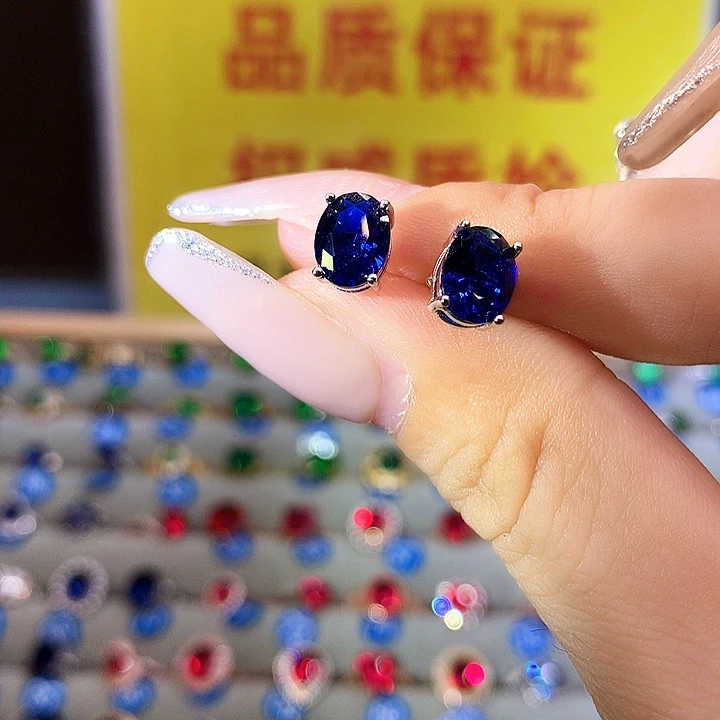 蓝宝石耳饰银S925镶嵌
