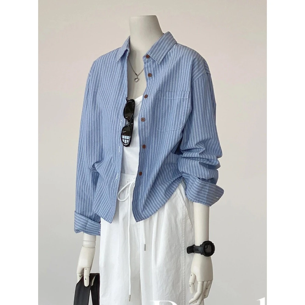 巨好搭！真心舒服！松弛感条纹衬衫女2025早秋显瘦百搭休闲长袖上衣