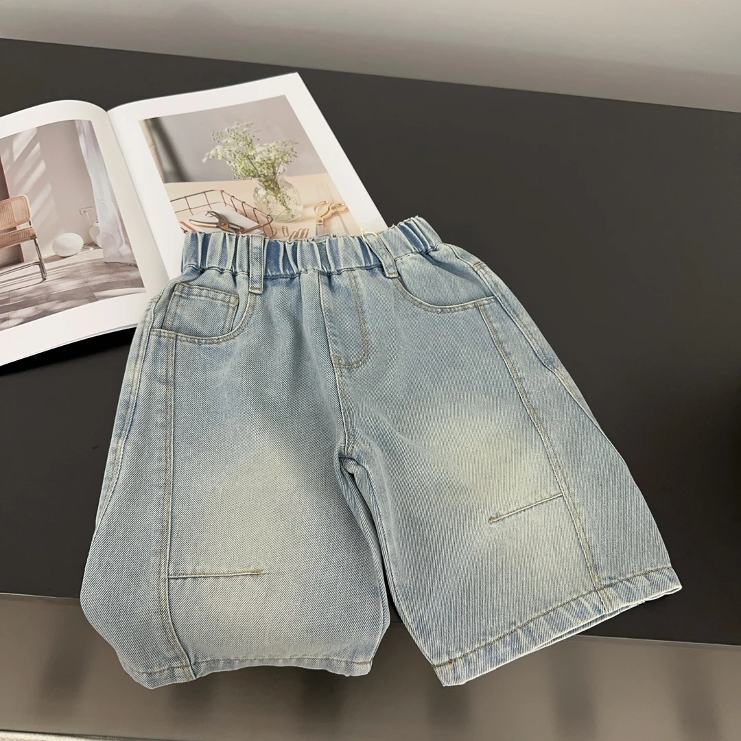 【两个小盆友】2025儿童韩版时尚休闲百搭潮流水洗牛仔七分裤子0002