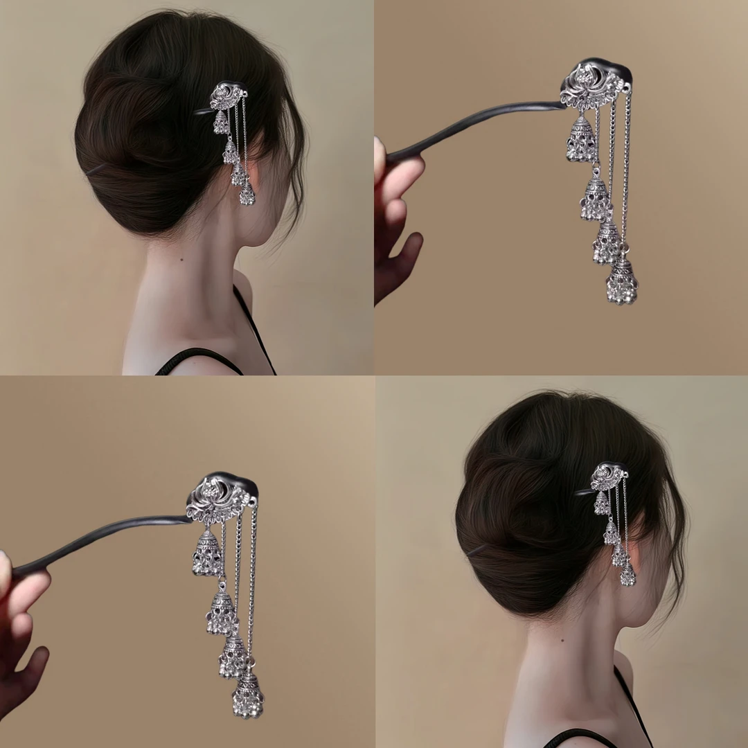 簪花绒花u型金钗桃木古风挽！新中式神女国风发饰！发簪发发钗