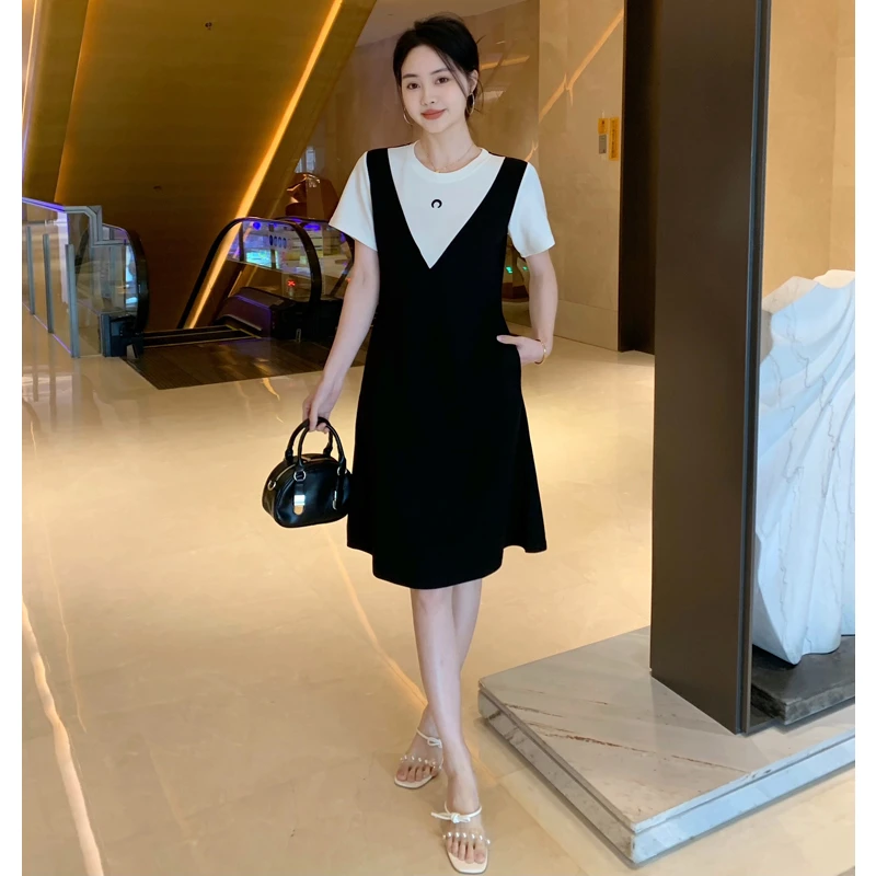【墨墨家】2025夏季新款短袖假两件撞色拼接显瘦连衣裙#803