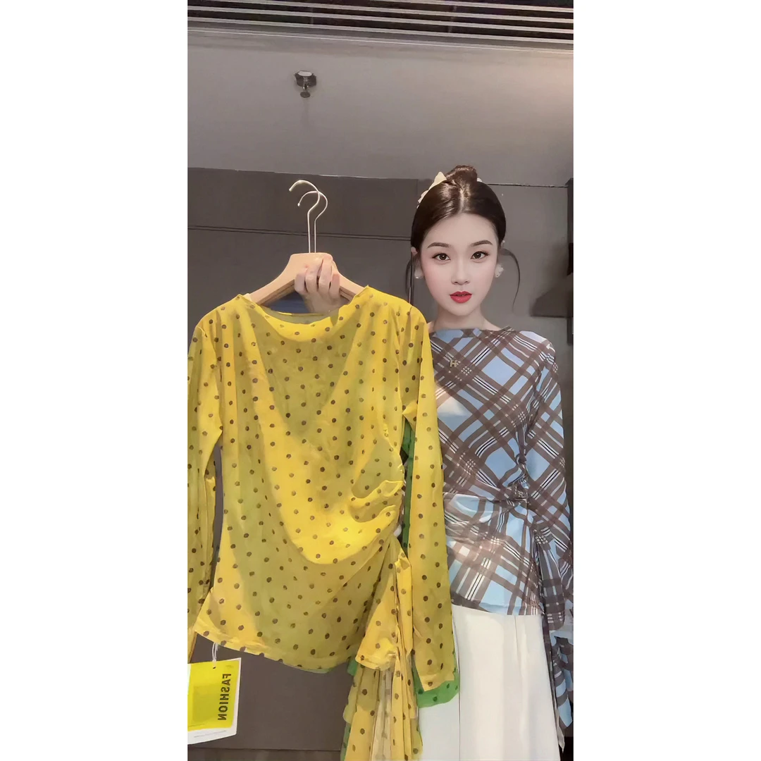 2025夏季穿搭不规则绑带设计感波点长袖T恤女独特漂亮防晒罩衫