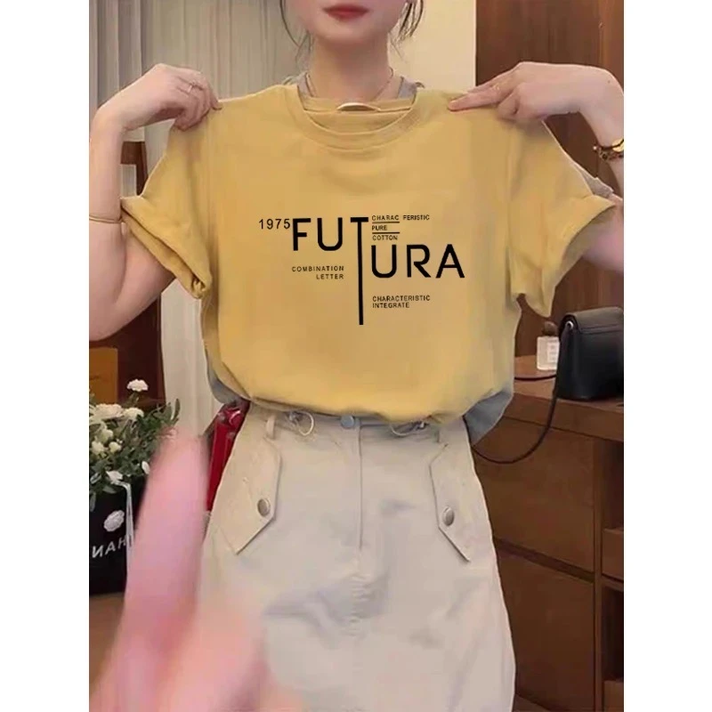 正肩圆领短袖t恤女2025新款爆款时尚百搭洋气芒果黄色上衣夏季潮
