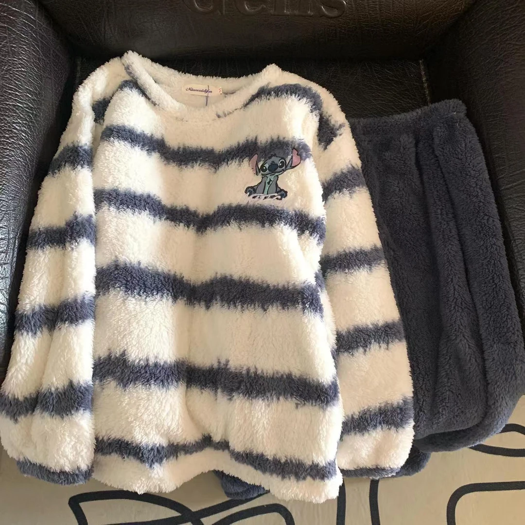 秋冬季加绒加厚珊瑚绒睡衣女士保暖卡通休闲法兰绒家居服可外穿