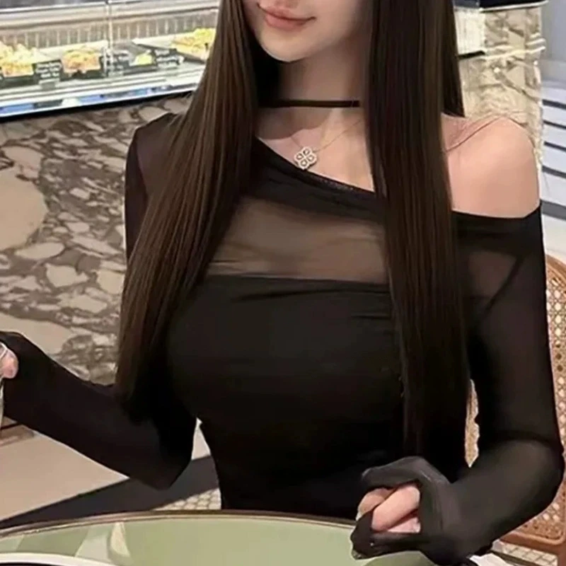 纯欲风春夏新款气质一字带拼接露肩网纱t恤修身女生韩系ins衣服