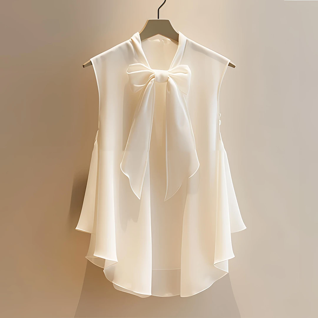 无袖雪纺衫女夏季新款法式抽绳系带蝴蝶结上衣洋气设计感小衫上衣