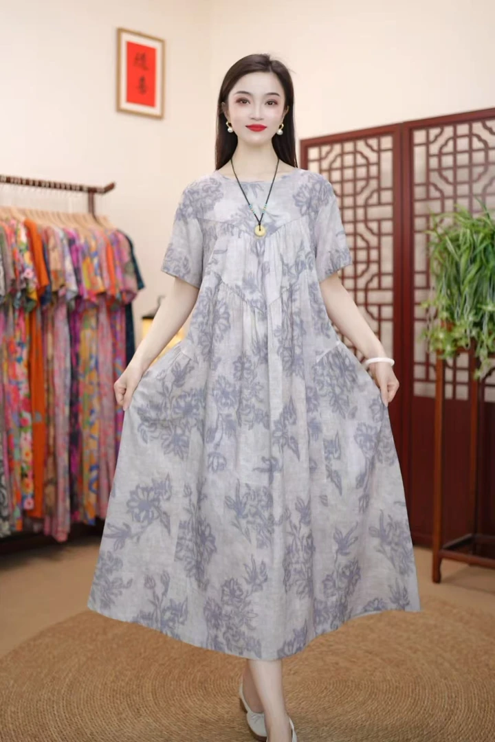 [知画]夏季新款高级气质棉麻柔软遮肚宽松显瘦连衣裙子妈妈装