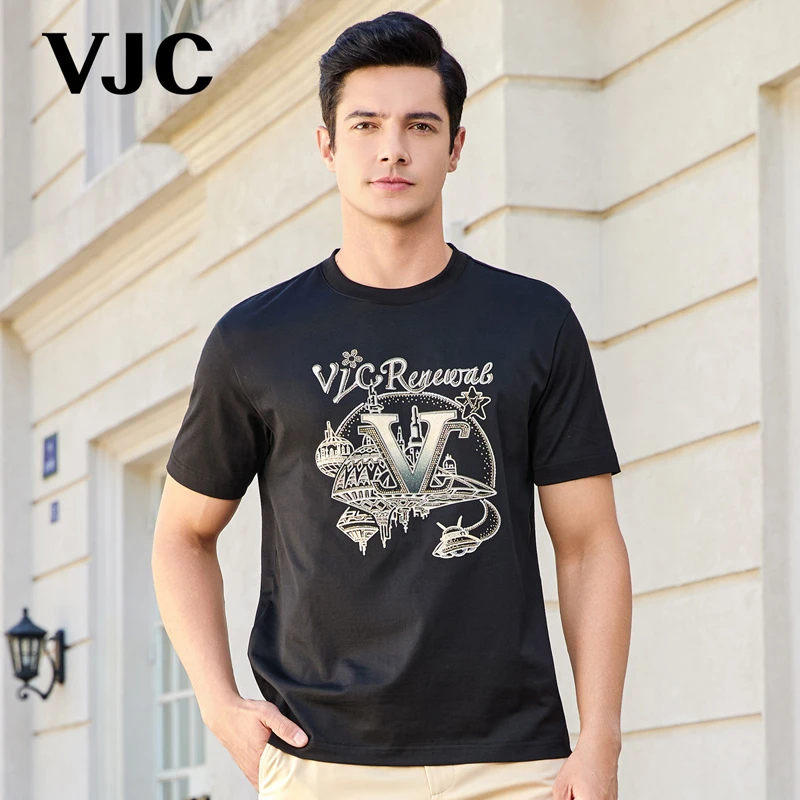 VJC/威杰思2025春夏新款男装时尚烫钻T恤休闲百搭上衣B24BA1023