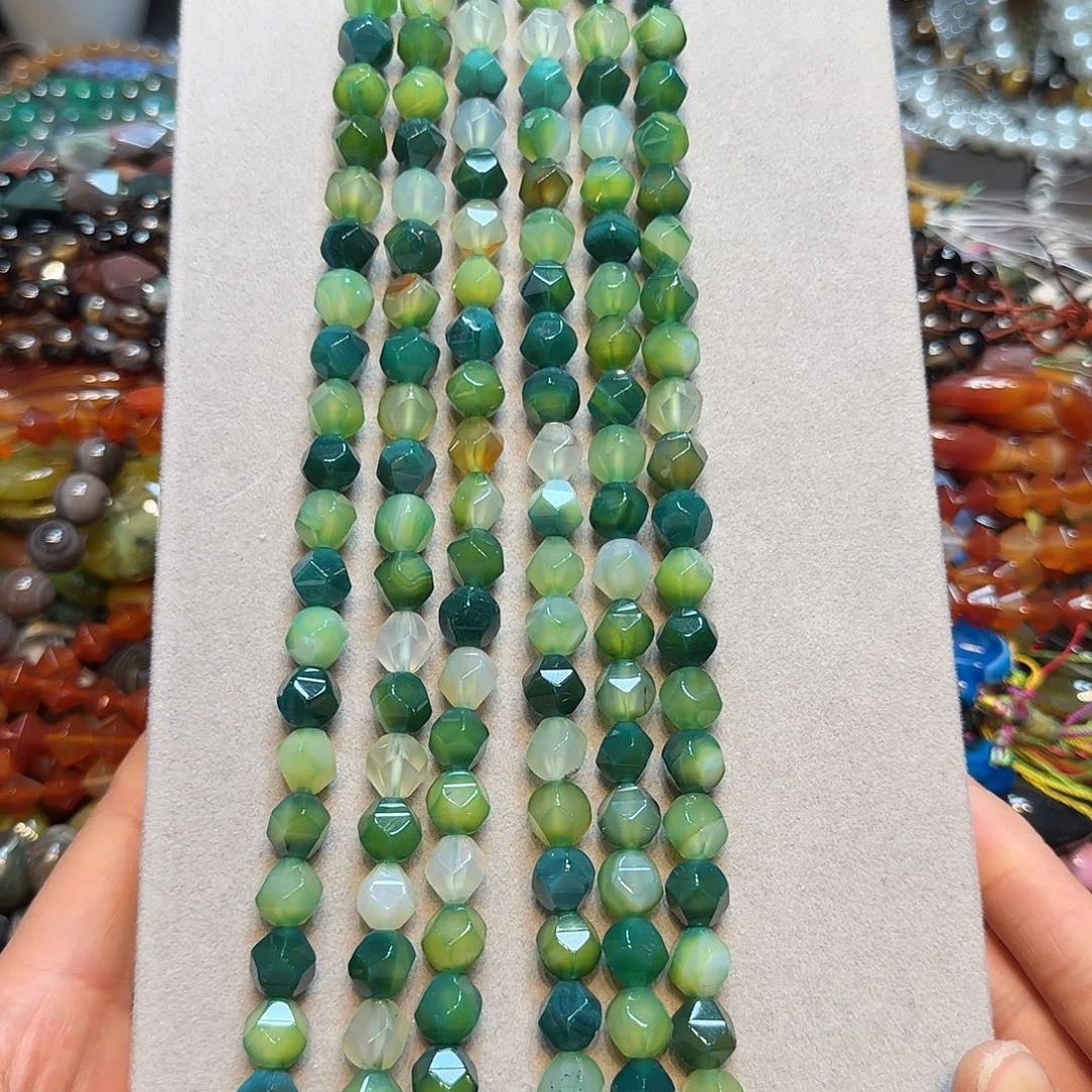 玛瑙/玉髓合金珠宝半成品10mm橄榄绿玛瑙切面一条