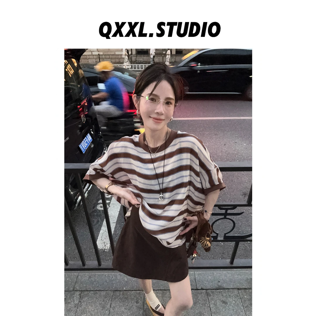 邱小小丽呀 夏款复古撞色条纹T恤衫 宽松休闲大版圆领套头上衣女